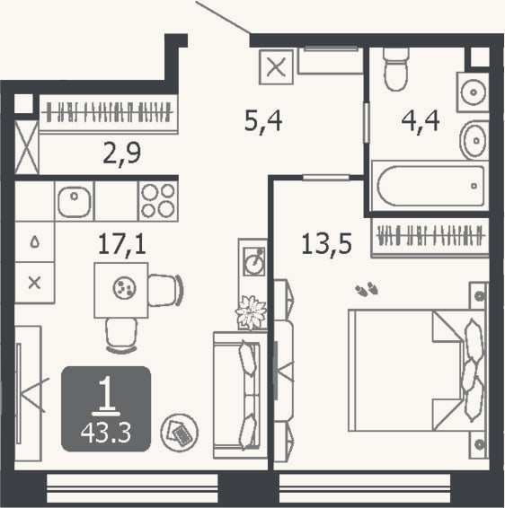 Планировка: 2-к, 43,3 м²