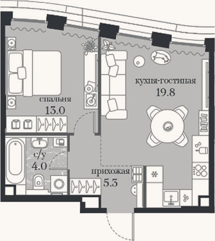 Планировка: 1-к, 42,1 м²