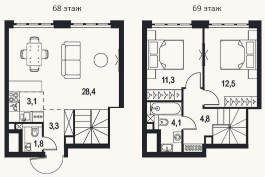 Планировка: 3-к, 69,3 м²