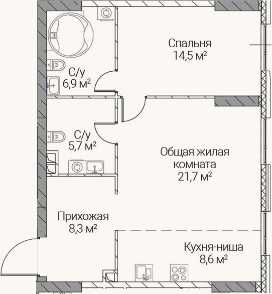 Планировка: 2-к, 65,7 м²