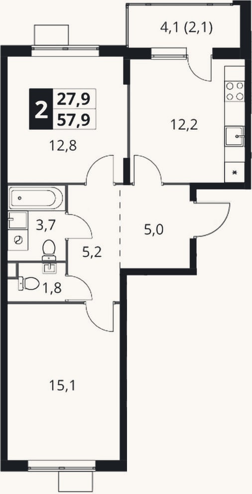 Планировка: 2-к, 55,8 м²
