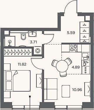Планировка: 2-к, 37 м²
