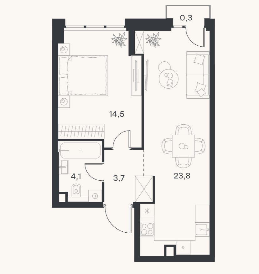 Планировка: 1-к, 46,1 м²