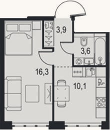 Планировка: 1-к, 33,9 м²