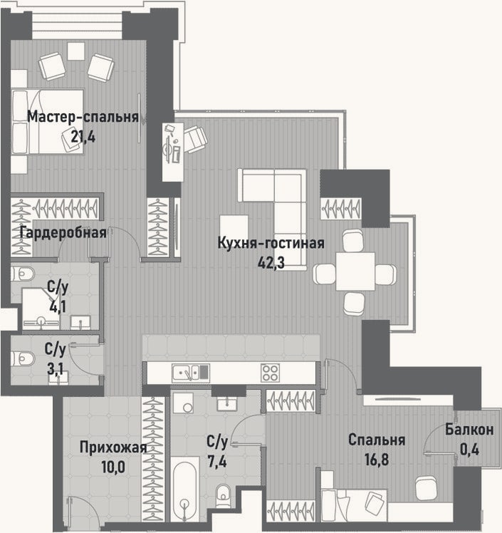 Планировка: 3-к, 103,2 м²