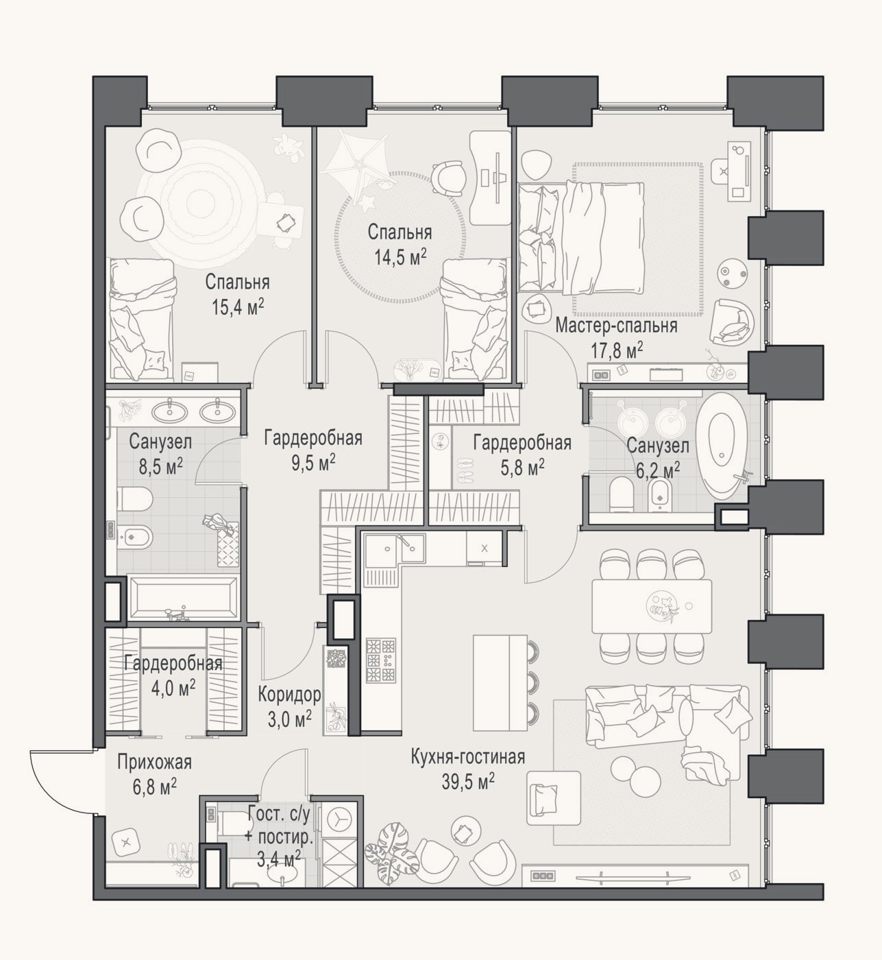 Планировка: 4+ к, 135,4 м²