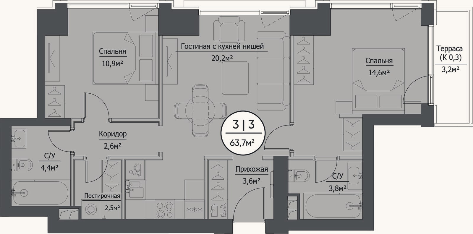 Планировка: 3-к, 62,8 м²