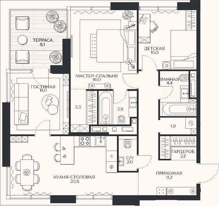 Планировка: 4+ к, 94,8 м²