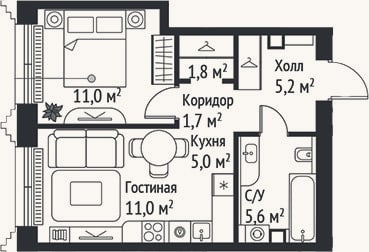 Планировка: 2-к, 41,3 м²