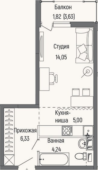 Планировка: Студия, 29,6 м²