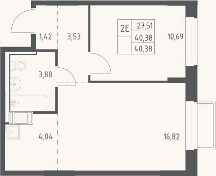 Планировка: 2-к, 40,4 м²