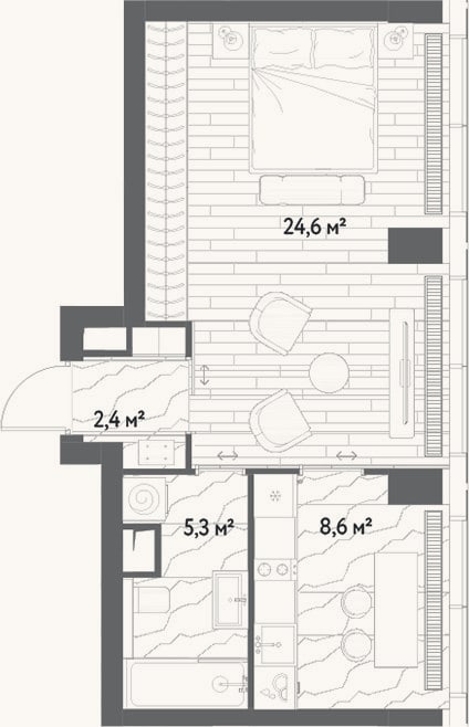 Планировка: 1-к, 40,9 м²