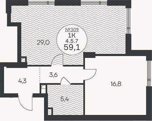 Планировка: 1-к, 59,1 м²
