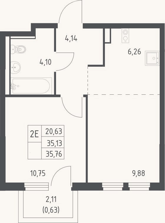 Планировка: 2-к, 35,1 м²