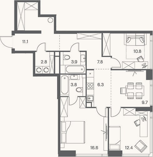Планировка: 4+ к, 85,2 м²