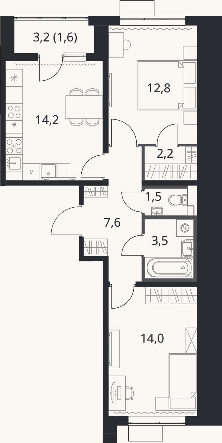 Планировка: 2-к, 55,8 м²