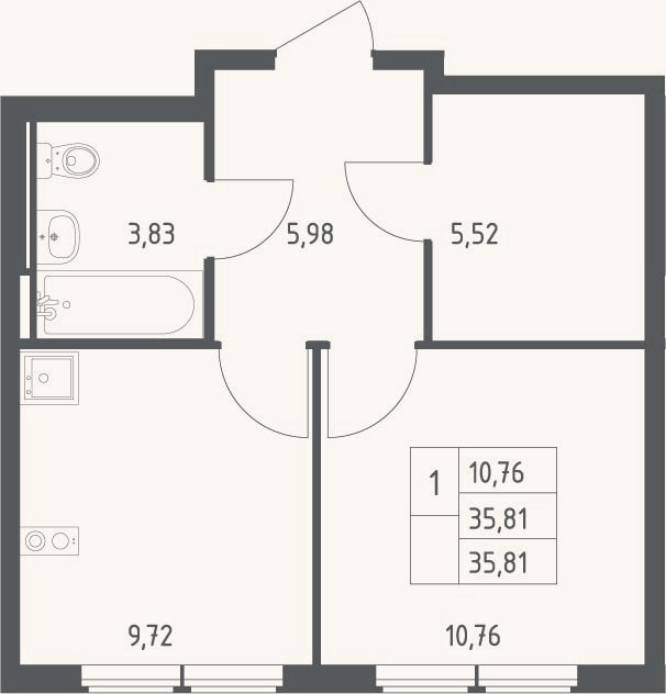 Планировка: 1-к, 35,8 м²
