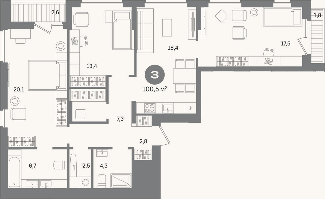 Планировка: 3-к, 96,1 м²
