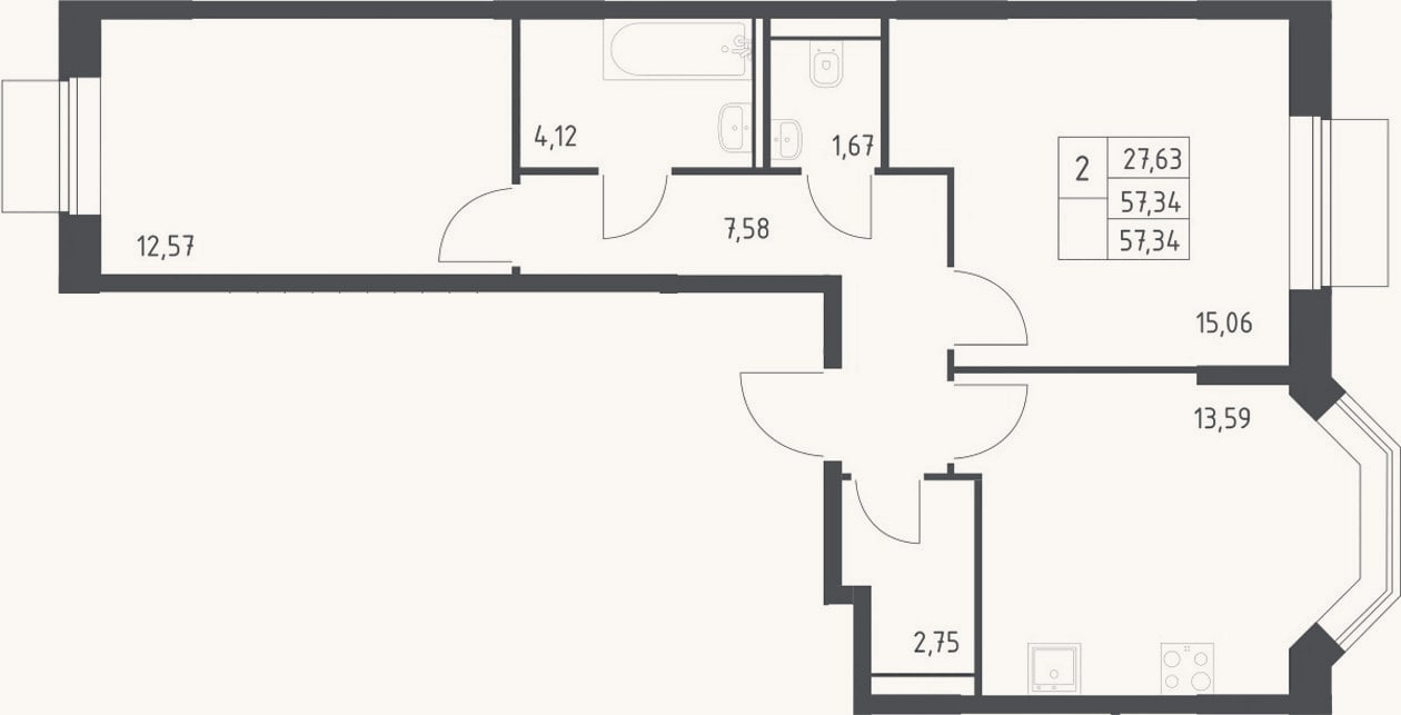 Планировка: 2-к, 57,3 м²