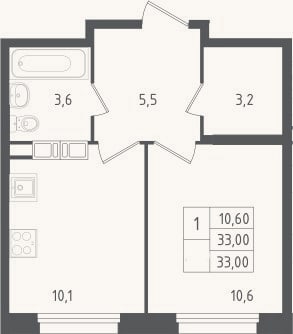 Планировка: 1-к, 33 м²