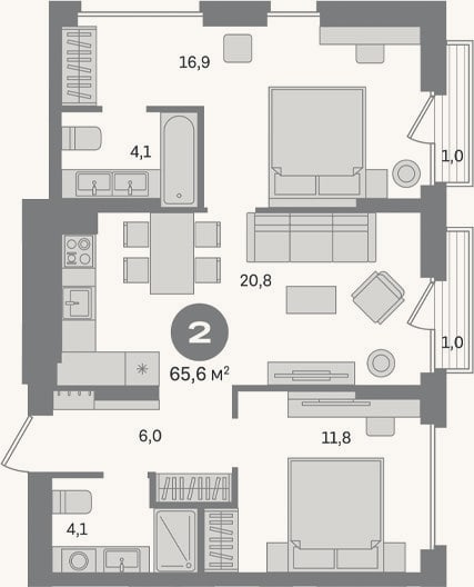 Планировка: 2-к, 63,6 м²