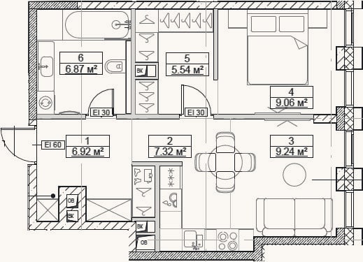 Планировка: 2-к, 45 м²
