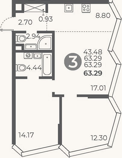 Планировка: 2-к, 63,3 м²
