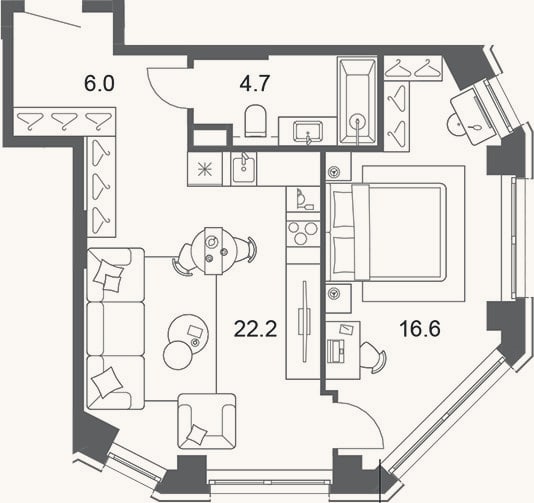 Планировка: 2-к, 49,5 м²