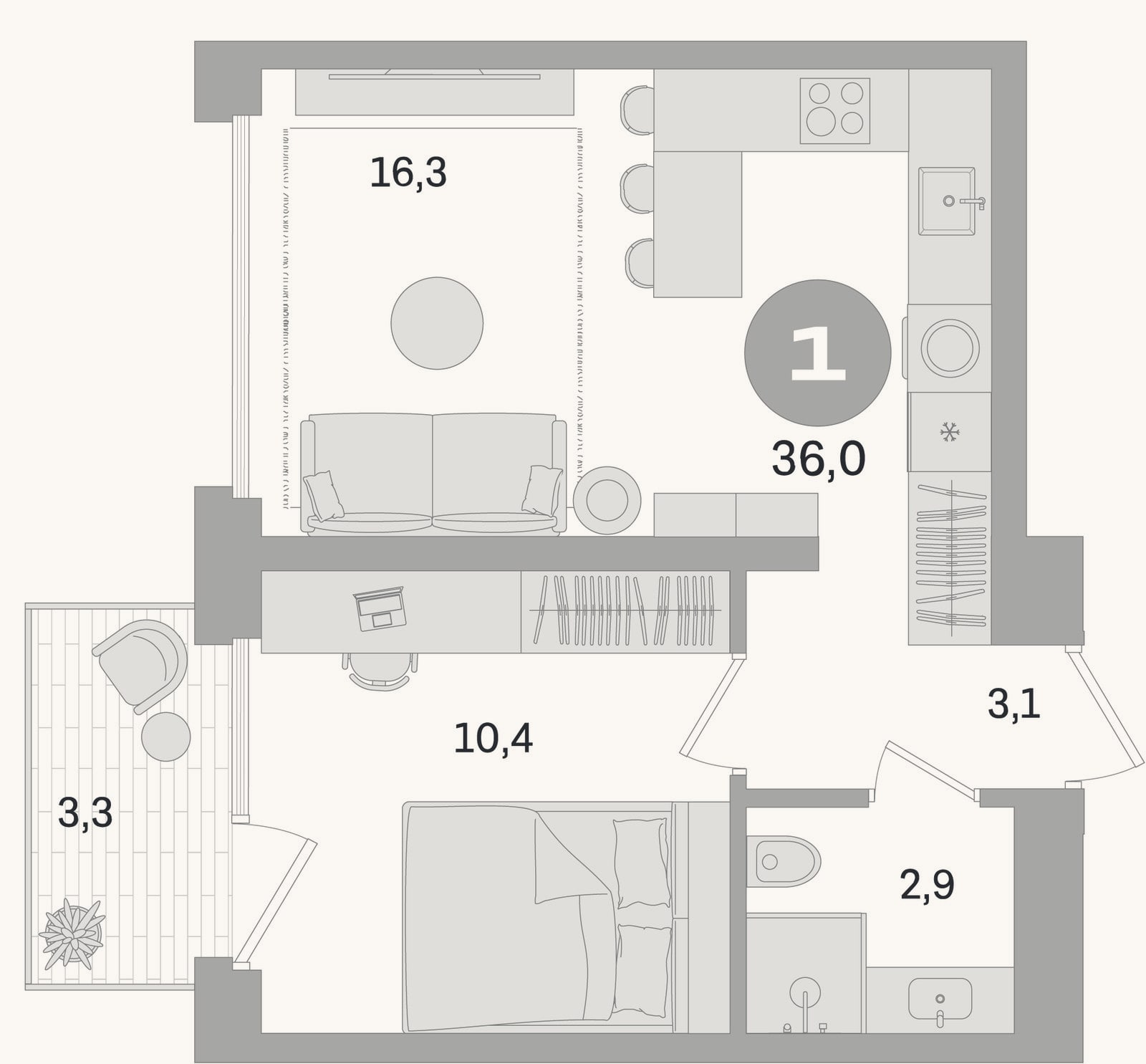 Планировка: 1-к, 32,7 м²