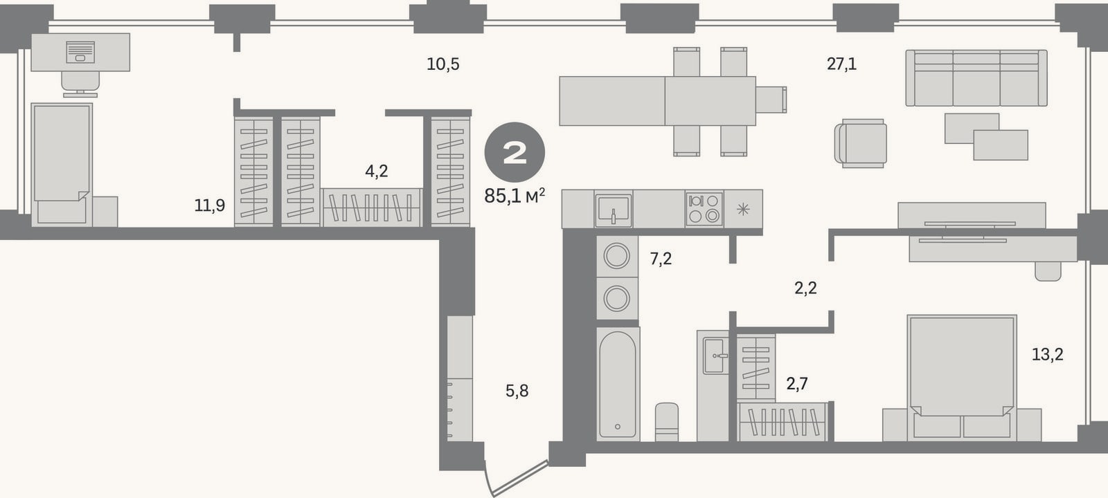 Планировка: 2-к, 85,1 м²