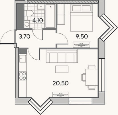 Планировка: 2-к, 37,8 м²