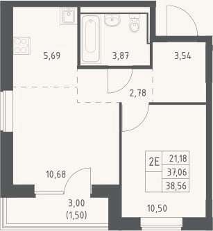 Планировка: 2-к, 37,1 м²