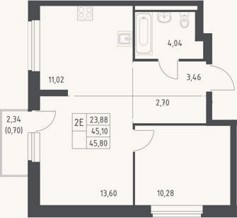Планировка: 2-к, 45,1 м²