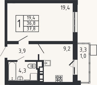 Планировка: 1-к, 36,8 м²
