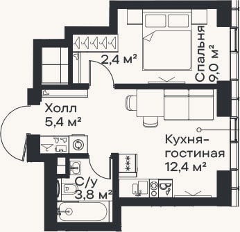 Планировка: 2-к, 33 м²