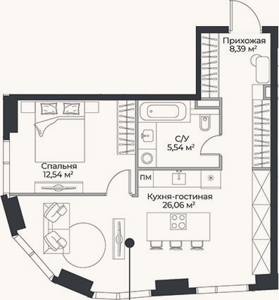 Планировка: 2-к, 52,5 м²