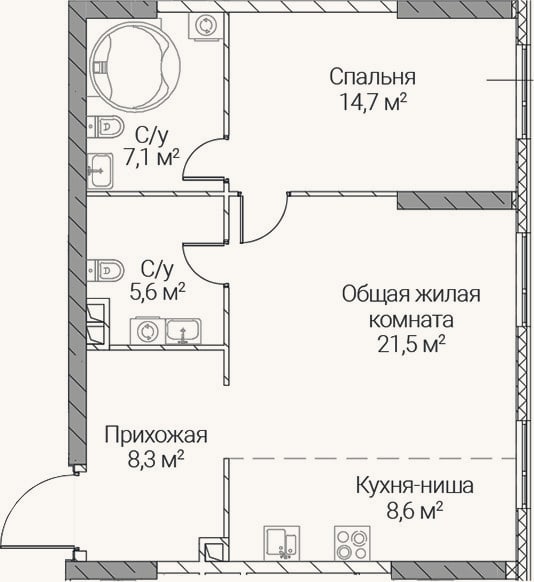 Планировка: 2-к, 65,8 м²