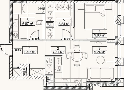 Планировка: 2-к, 45 м²