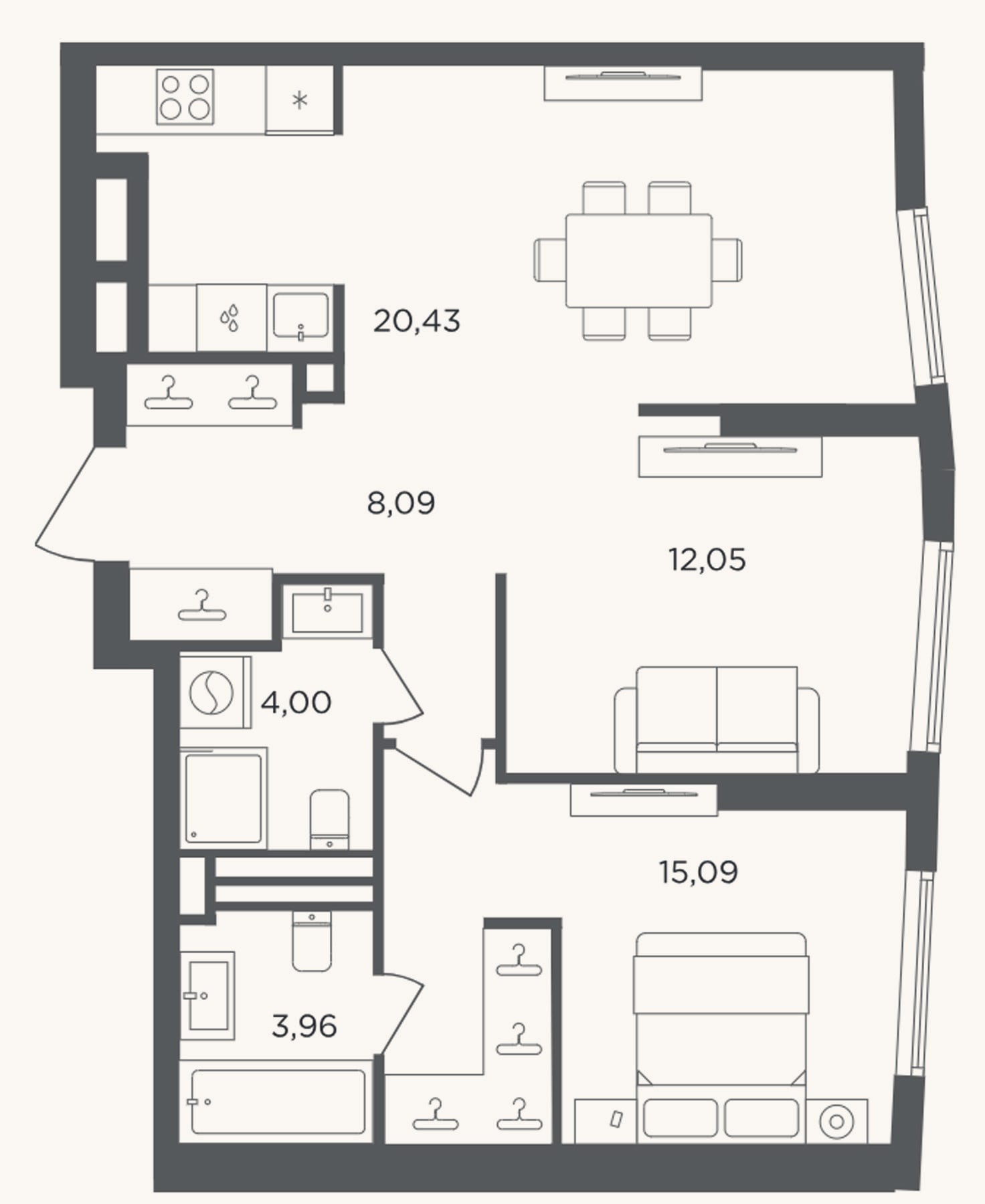 Планировка: 3-к, 63,6 м²