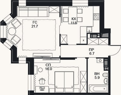 Планировка: 2-к, 62,1 м²
