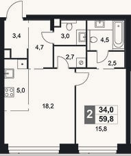 Планировка: 2-к, 59,8 м²