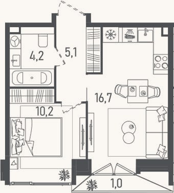 Планировка: 2-к, 36,2 м²