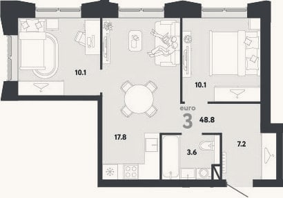 Планировка: 3-к, 48,8 м²