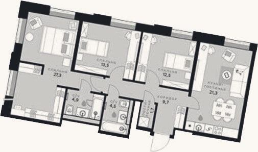 Планировка: 3-к, 95,4 м²