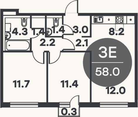 Планировка: 3-к, 57,7 м²