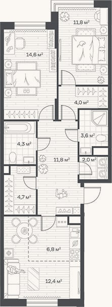 Планировка: 3-к, 76 м²