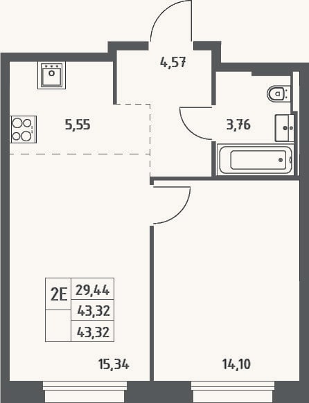 Планировка: 2-к, 43,3 м²