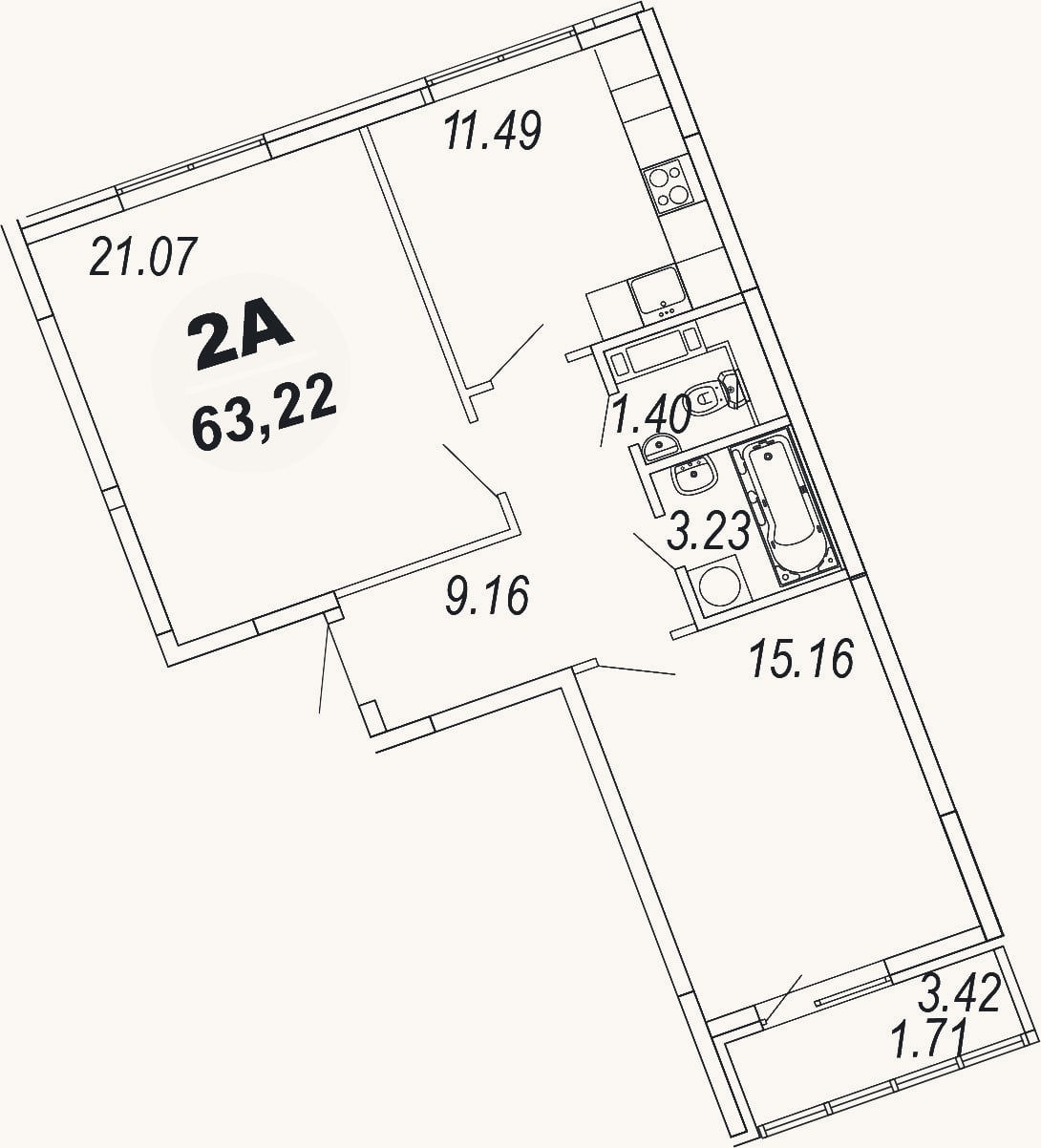 Планировка: 2-к, 61,5 м²