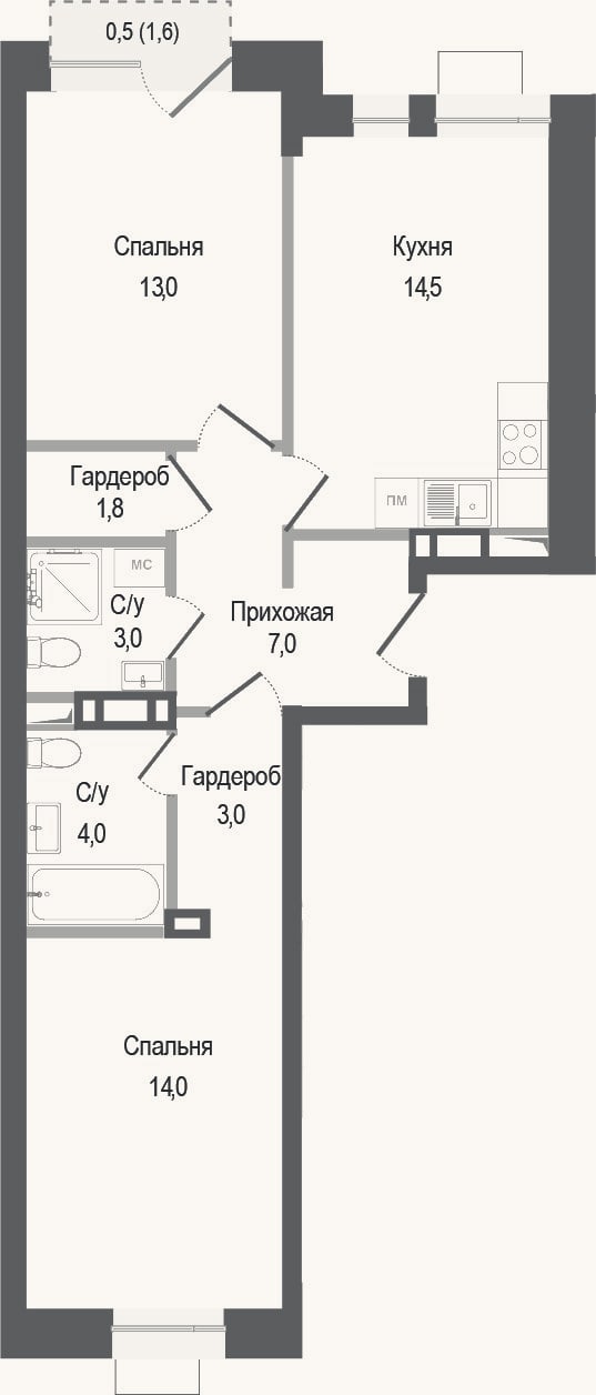 Планировка: 2-к, 60,3 м²
