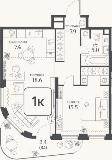 Планировка: 1-к, 54,4 м²